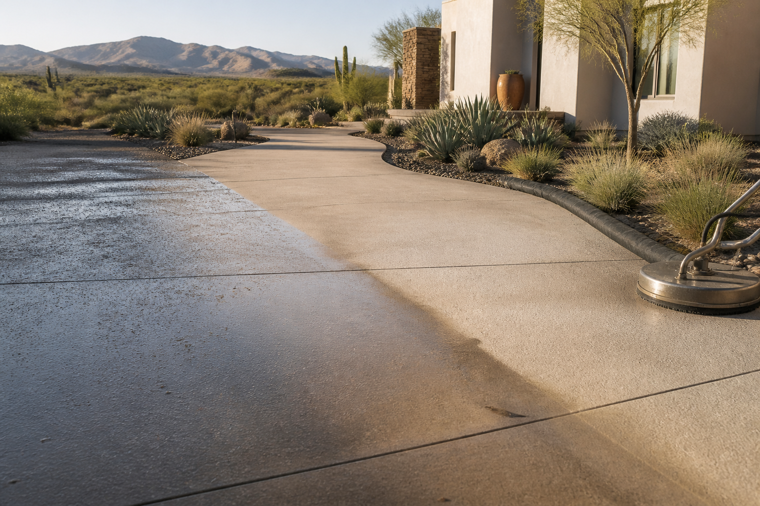 A cleaned concrete approach beside Tucson desert landscaping